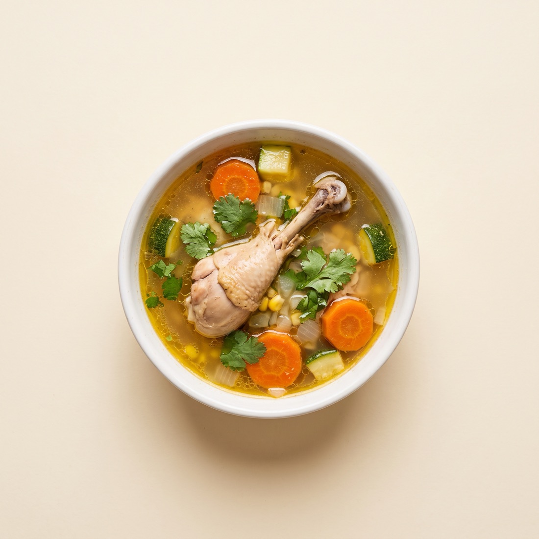 Tazón de caldo de pollo dorado con zanahoria, calabacita y cilantro, vista cenital