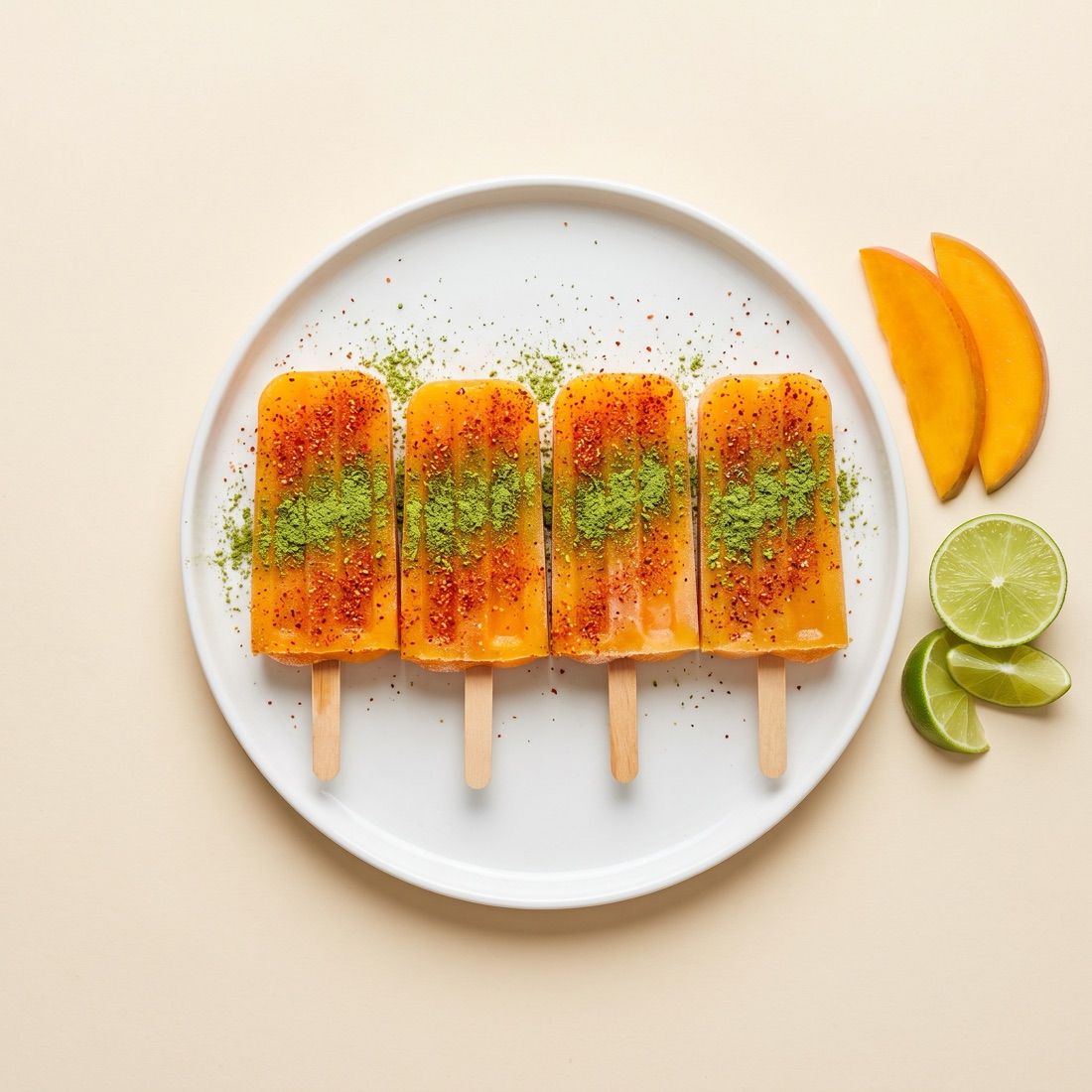 Cuatro paletas de mango espolvoreadas con chile y matcha sobre un plato blanco, vista cenital
