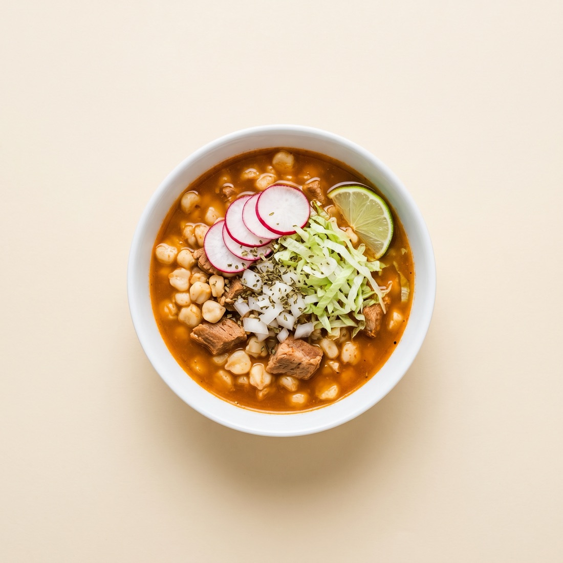 Tazón de pozole de color naranja terroso con maíz cacahuazintle, rábano y lechuga, vista cenital