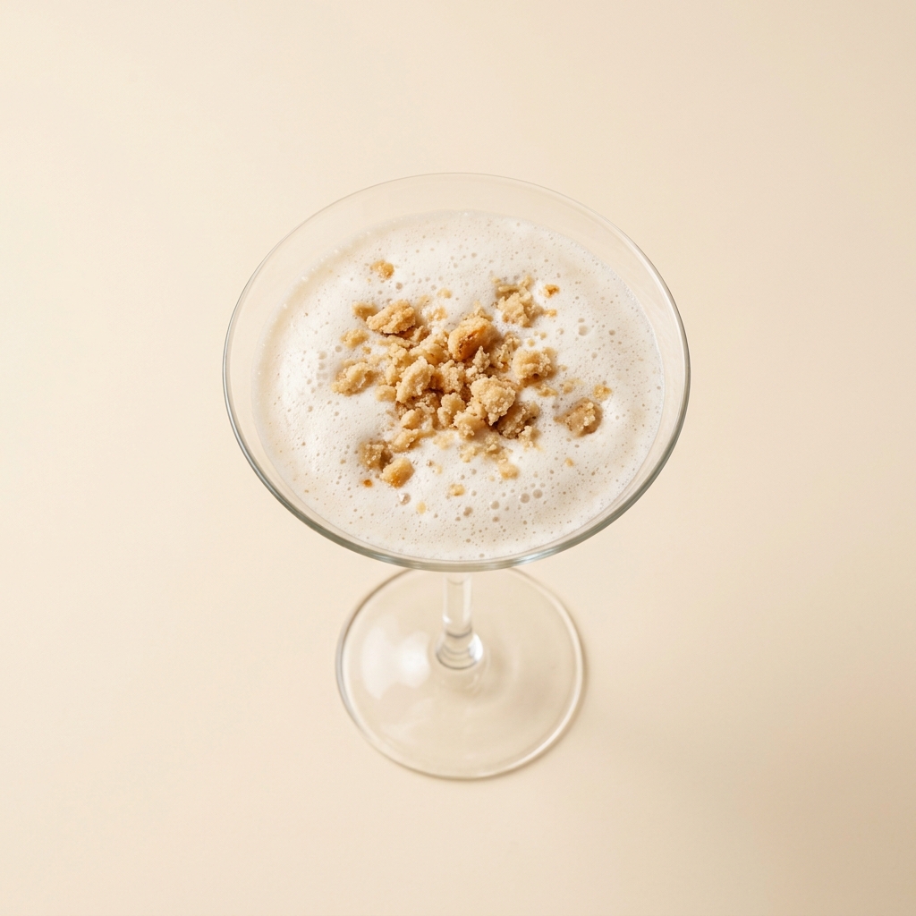 Coctel postre en copa martinera con espuma de horchata y crumble de mazapán, vista cenital