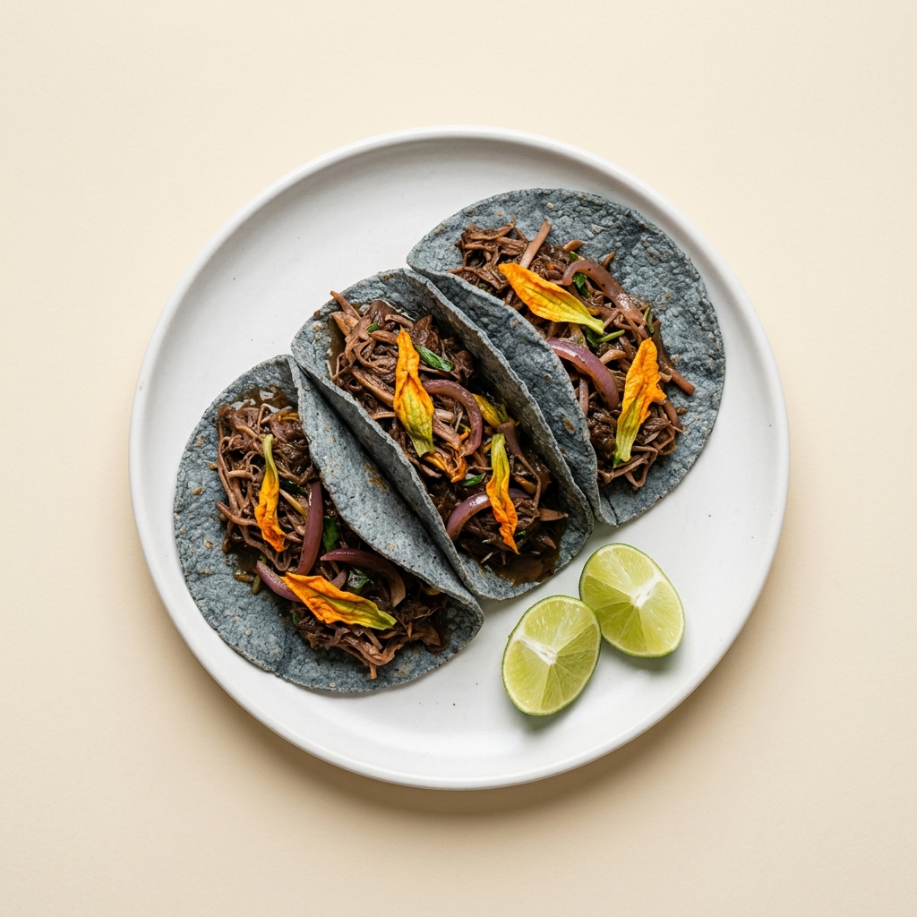 Tres tacos en tortilla de maíz azul con guiso deshebrado oscuro, flores de calabaza anaranjadas y cebolla morada, con dos mitades de limón al lado, sobre plato redondo blanco, vista cenital sobre fondo crema